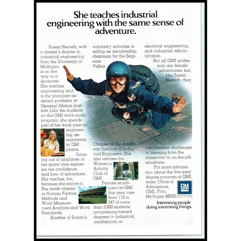 1974 GM General Motors Industrial Engineer Skydiving Vintage Print Ad Wall Art